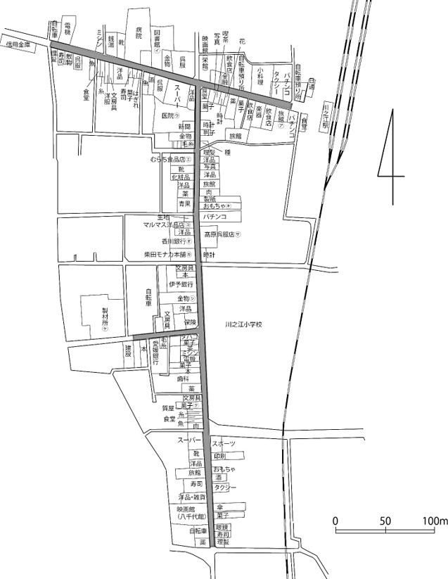 図表1-1-3　昭和40年ころの駅通り商店街、栄町商店街の町並み