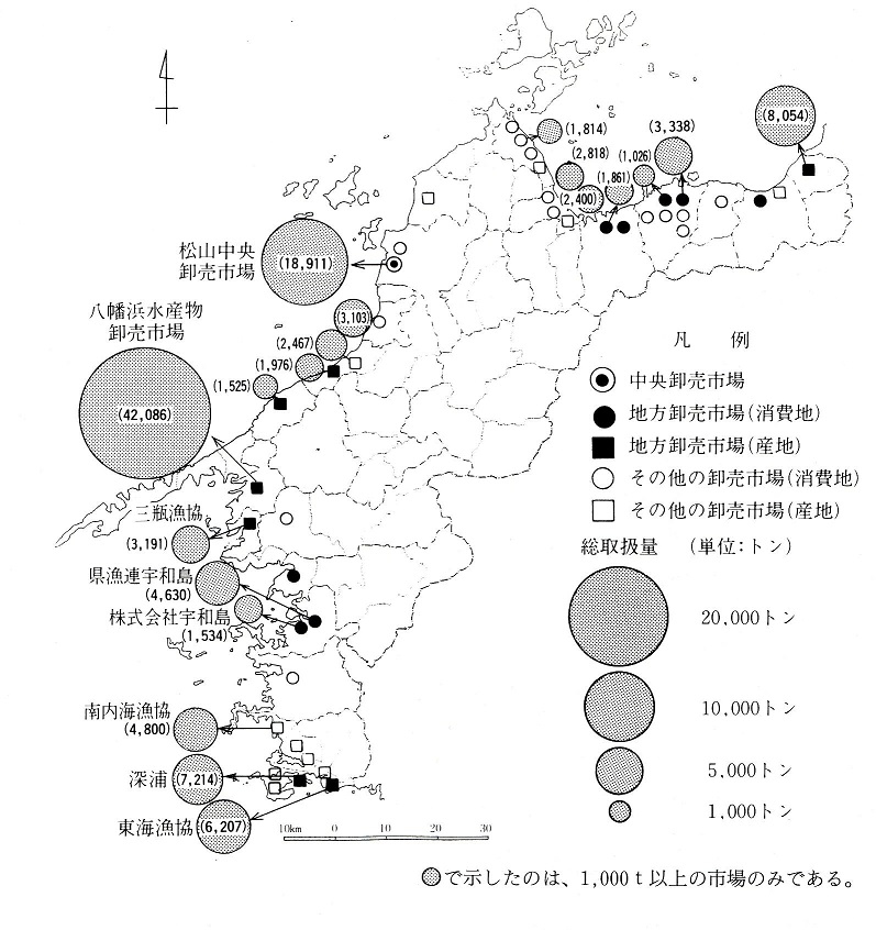 図表2-3-8　県内水産物卸売市場の総取扱量比較（昭和63年度）